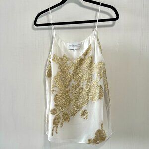 Marie France Van Damme White Silk Tank Top with Gold Floral Embroidery